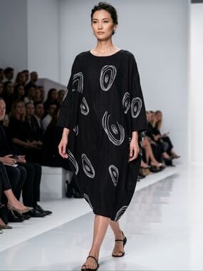 Black Long Sleeve Midi Dress with White Abstract Print